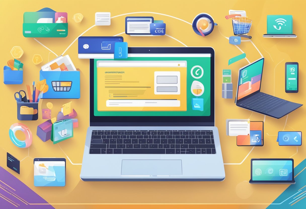 Como ganhar dinheiro na internet: Dicas e estratégias comprovadas A laptop with a "Comércio Eletrônico e Vendas Online Como ganhar dinheiro na internet" webpage open, surrounded by various products and a digital payment icon