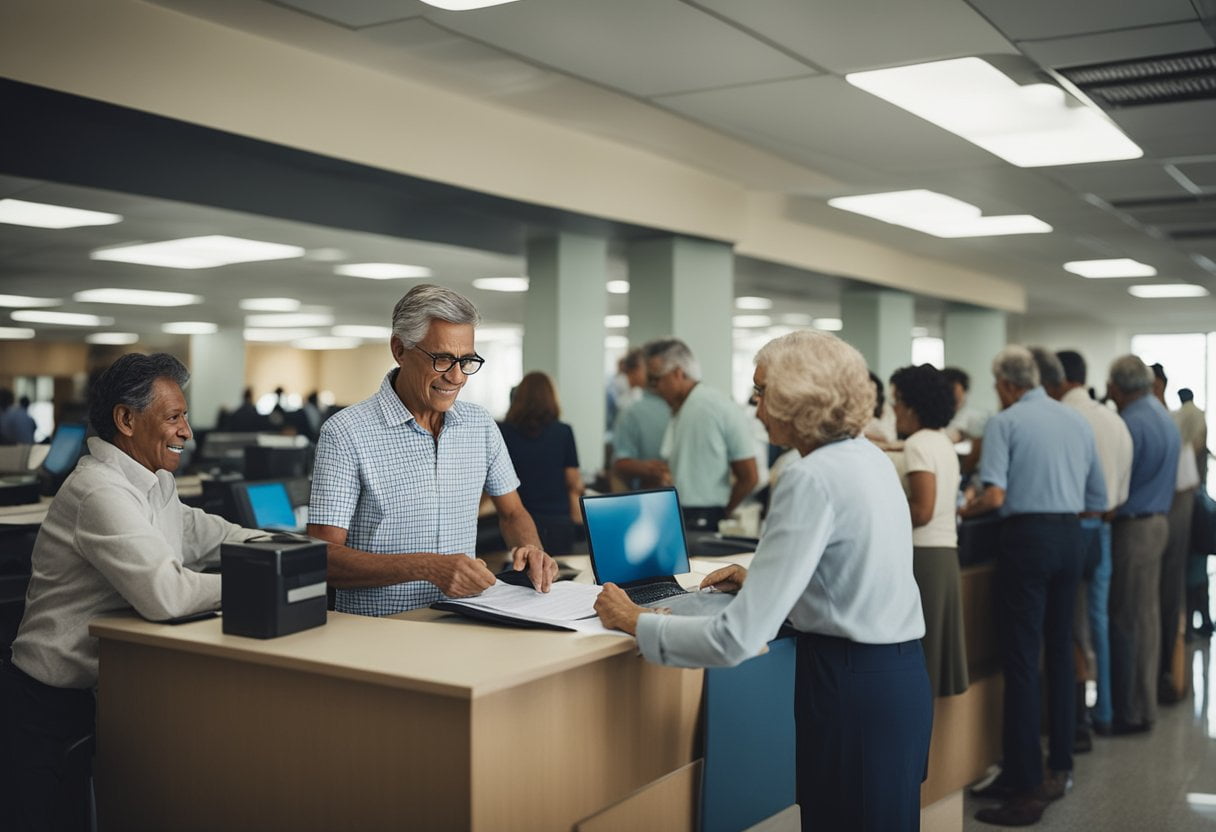 Como Solicitar a Aposentadoria: Dicas Práticas A person filing paperwork at a government office for retirement benefits in Brazil. The room is busy with people waiting in line and officials processing documents