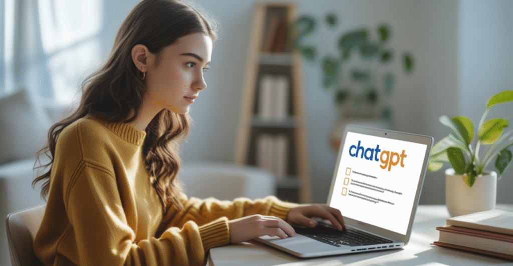 3 comandos do ChatGPT para aprender qualquer habilidade em 7 dias Mulher jovem usando laptop com logo do ChatGPT na tela, acompanhada de ícones de aprendizado e checklist. Ambiente moderno e iluminado, com plantas e estante ao fundo.
