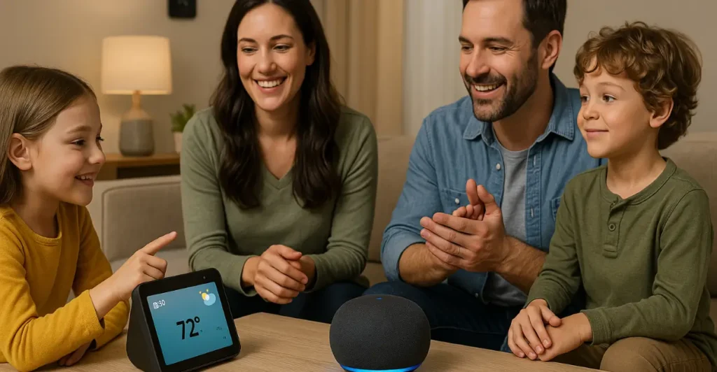 Família interagindo com dispositivos inteligentes e Alexa em uma sala aconchegante.
