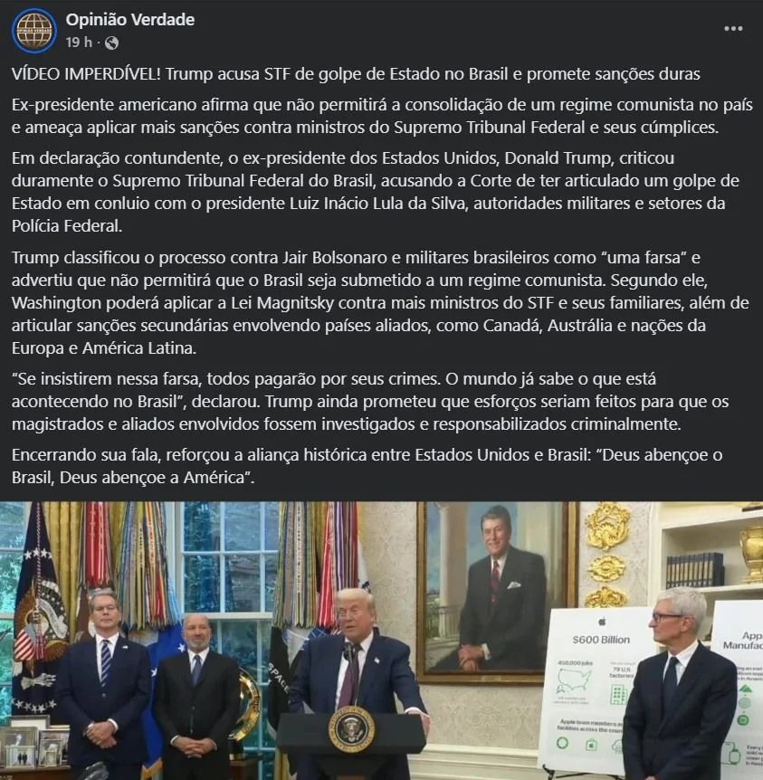 Vídeo manipulado põe Trump a falar português e a atacar STF: entenda o caso Vídeo manipulado põe Trump a falar português e a atacar STF: entenda o caso