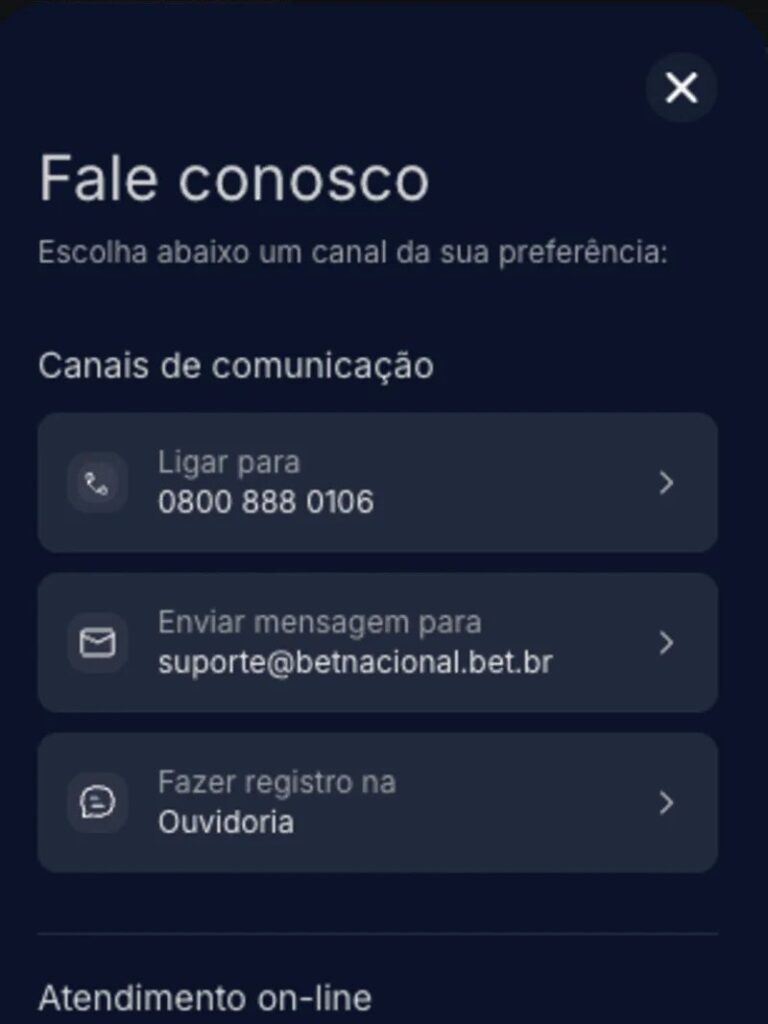 Suporte Betnacional: chat, telefone e e-mail 24h Suporte Betnacional: chat, telefone e e-mail 24h