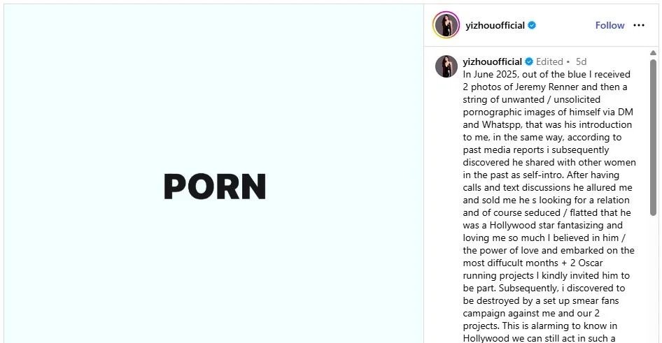 Atriz Yi Zhou acusa Jeremy Renner de assédio e ameaça de deportação durante parceria em documentário