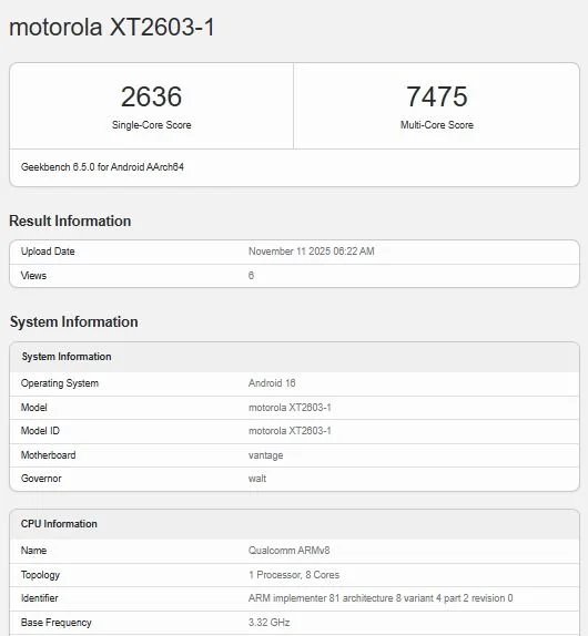 Vazamento do Motorola Edge 70 Ultra revela chip Qualcomm avançado e 16 GB de RAM